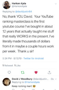 Youtube Ranking Masterclass David Woodbury testimonial