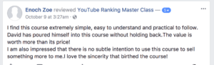 Youtube Ranking Masterclass David Woodbury testimonial 3